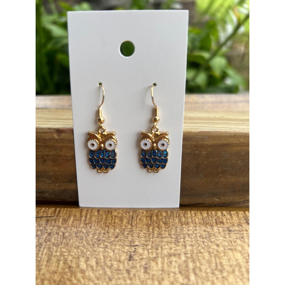 Owl Dangle Earrings Blue Gold New Enamel Whimsical Hoot! Boho Retro Quirky - Picture 2 of 6